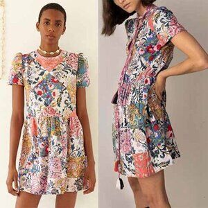 NEW Alix Of Bohemia Mila Patchwork Round Neck Tie Mini Dress Multi Color Size XS